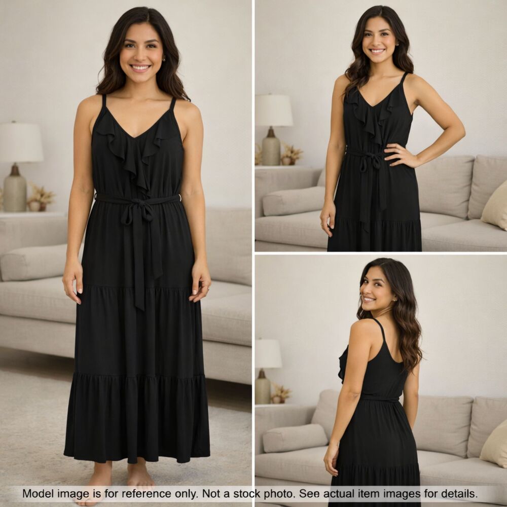 Emma & Michele Maxi Dress Women XL Black Ruffle V-Neck Tiered Belted 112730